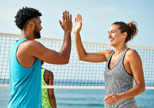 Jogadores comemorando em quadra de beach tennis — Reserve sua quadra online no Quadras.Online